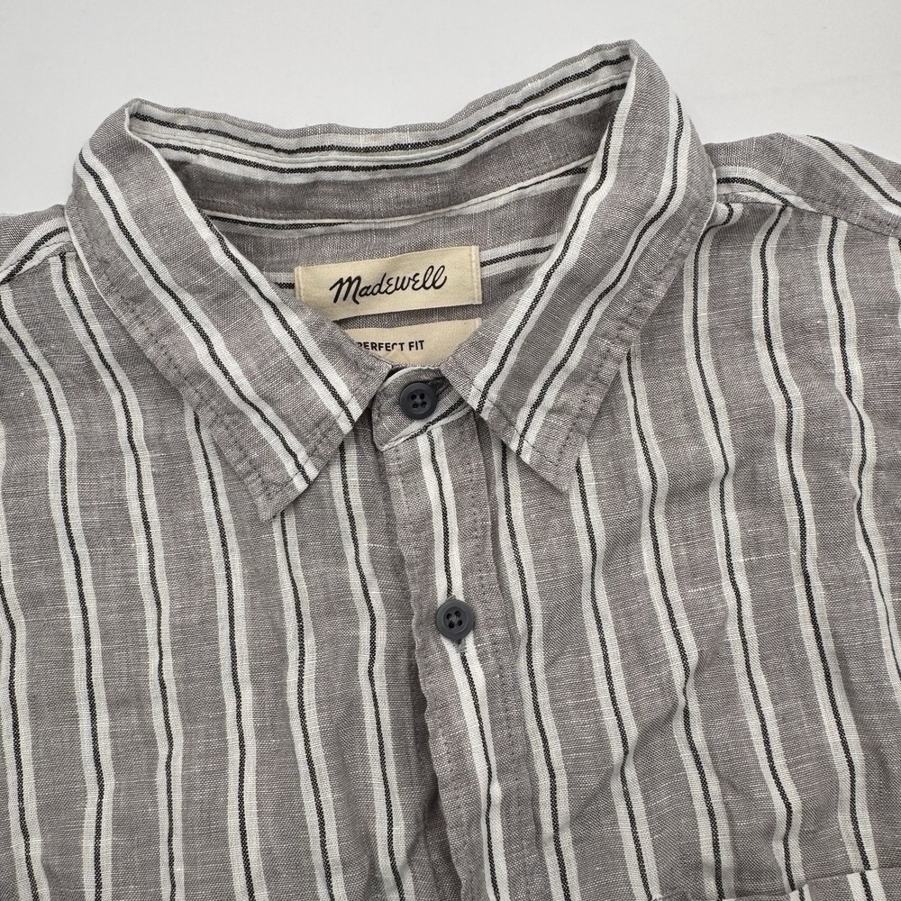 Madewell Men M Linen Light Gray Striped Button Up Short Sleeve Shirt Perfect Fit
